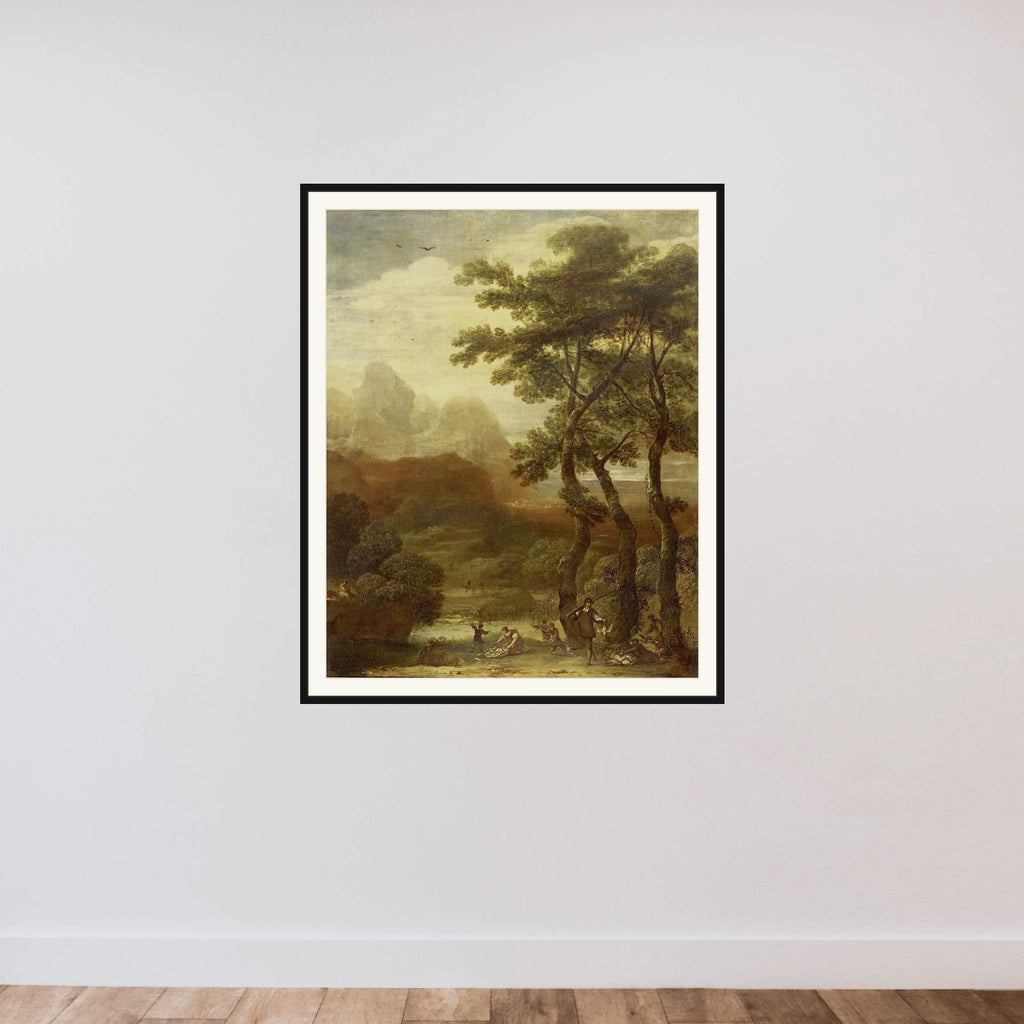 Landscape with Hunters framed — shown to scale