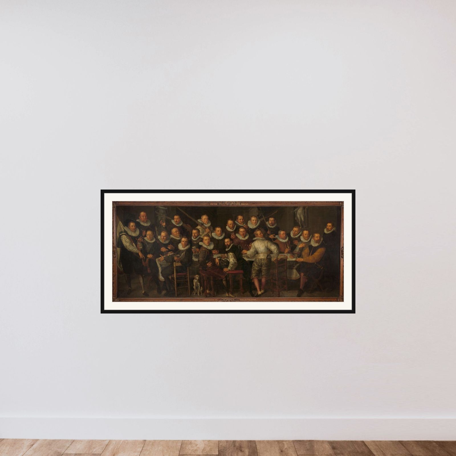 The Company of Captain Gillis Jansz Valckenier and Lieutenant Pieter Jacobsz Bas, Amsterdam, 1599 framed — shown to scale