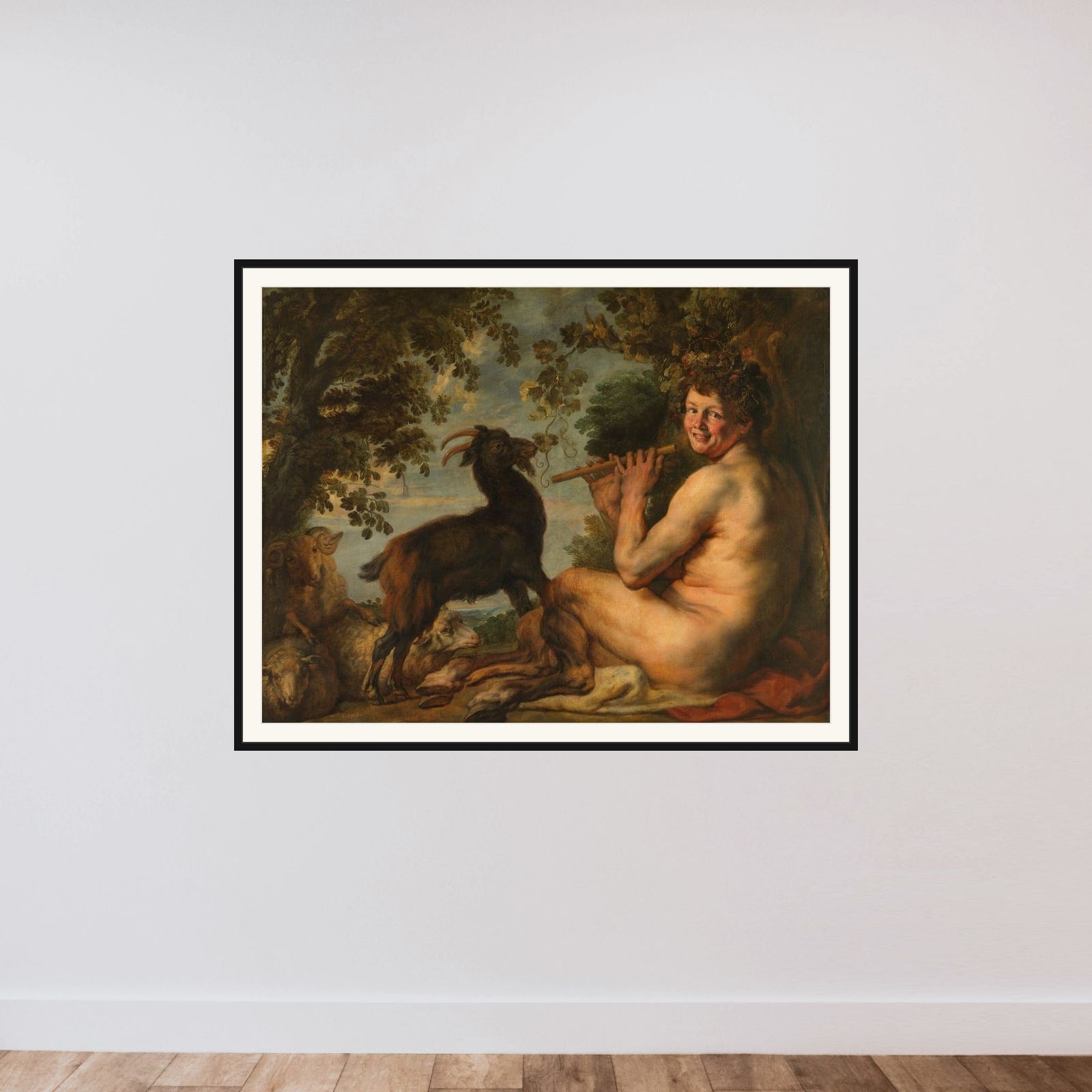 Pan Tending his Flock framed — shown to scale