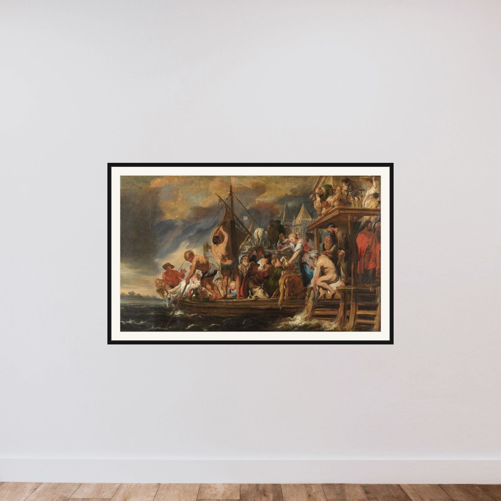 A Ferry Departs as St Peter Finds a Coin in the Mouth of a Fish framed — shown to scale