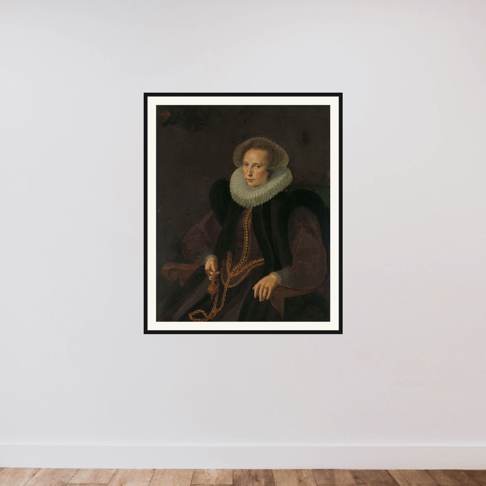 Griete Jacobsdr van Rhijn (1585-1652), Wife of Jacob Cornelisz Banjaert, called van Neck framed — shown to scale