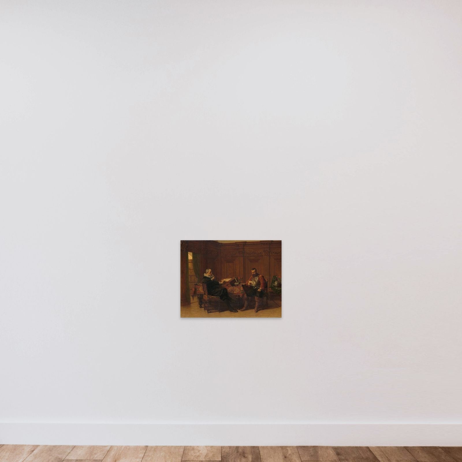 Two Men in a Seventeenth-century Interior, Called 'A Conference' unframed — shown to scale