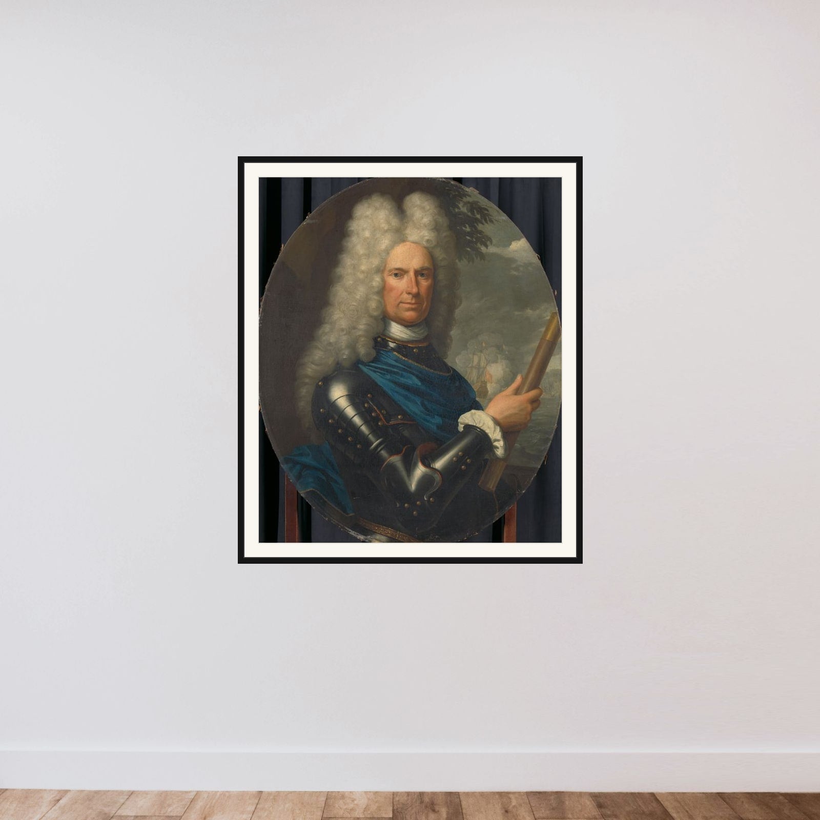 Portrait of Rear-Admiral Arent van Buren framed — shown to scale