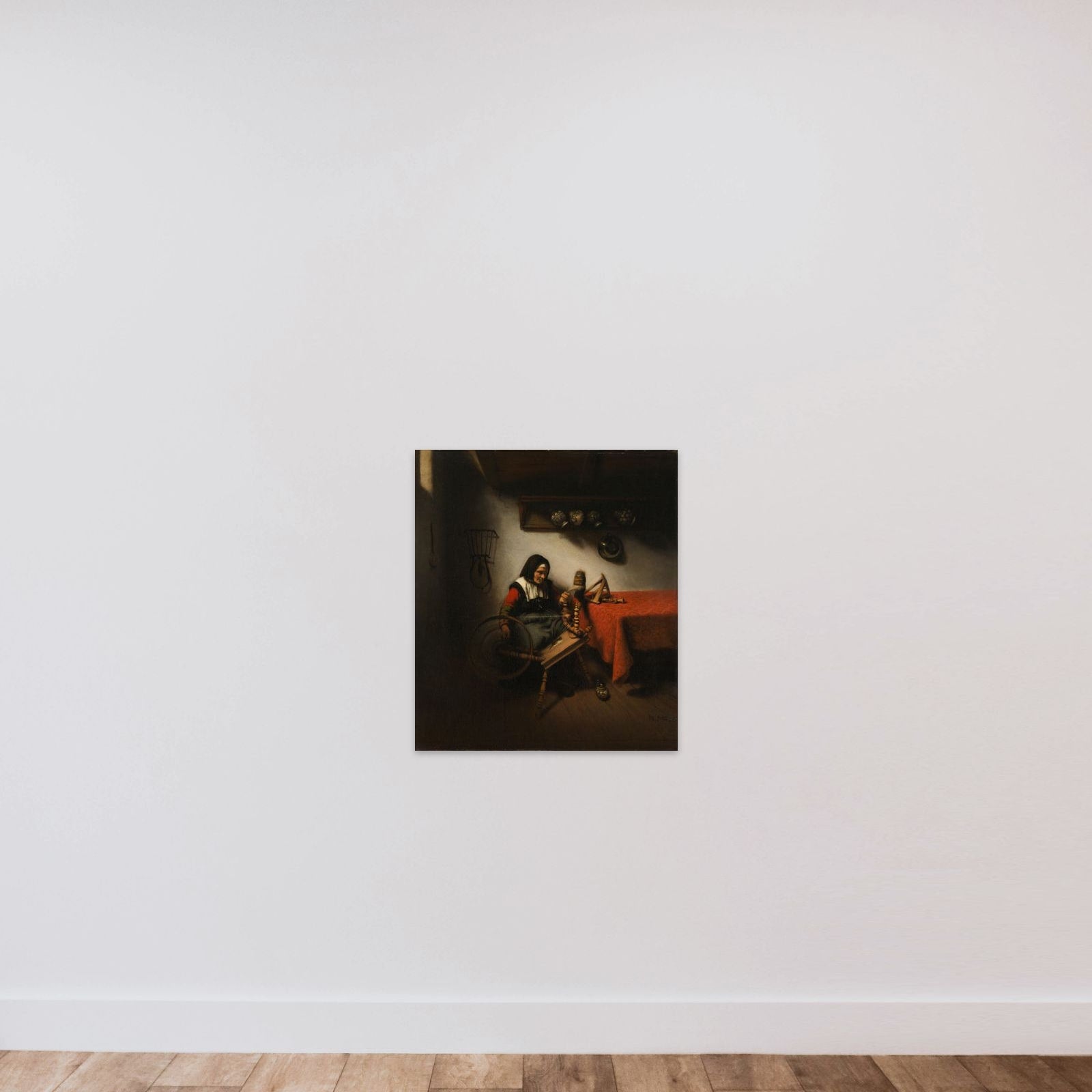 Old Woman Spinning unframed — shown to scale