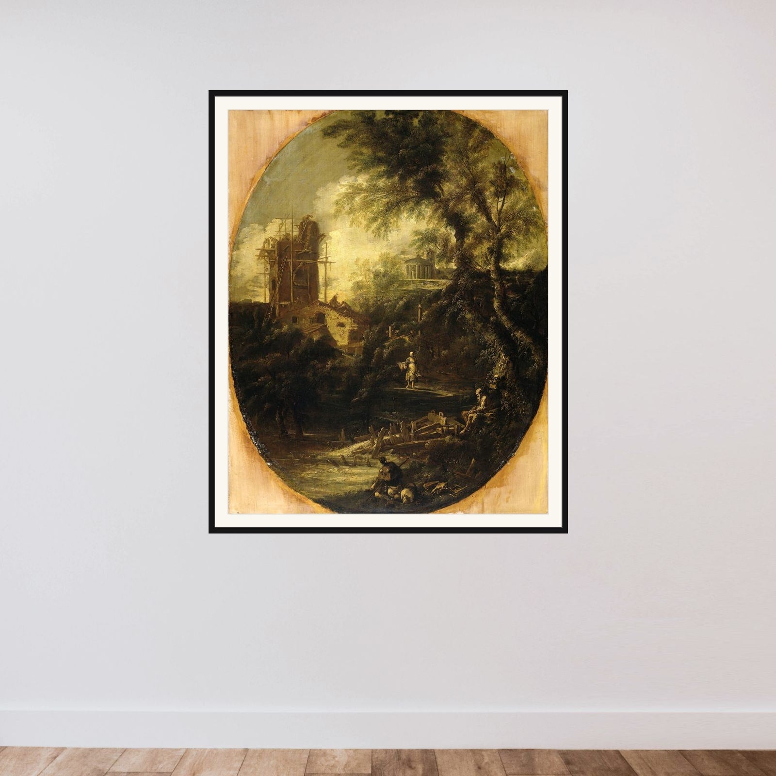 Landscape with Hermit, Pilgrim and Peasant Woman framed — shown to scale