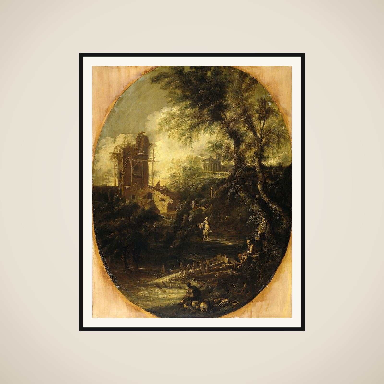 Landscape with Hermit, Pilgrim and Peasant Woman framed
