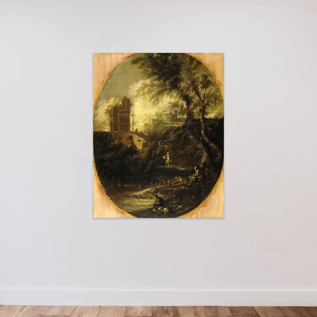 Landscape with Hermit, Pilgrim and Peasant Woman unframed — shown to scale