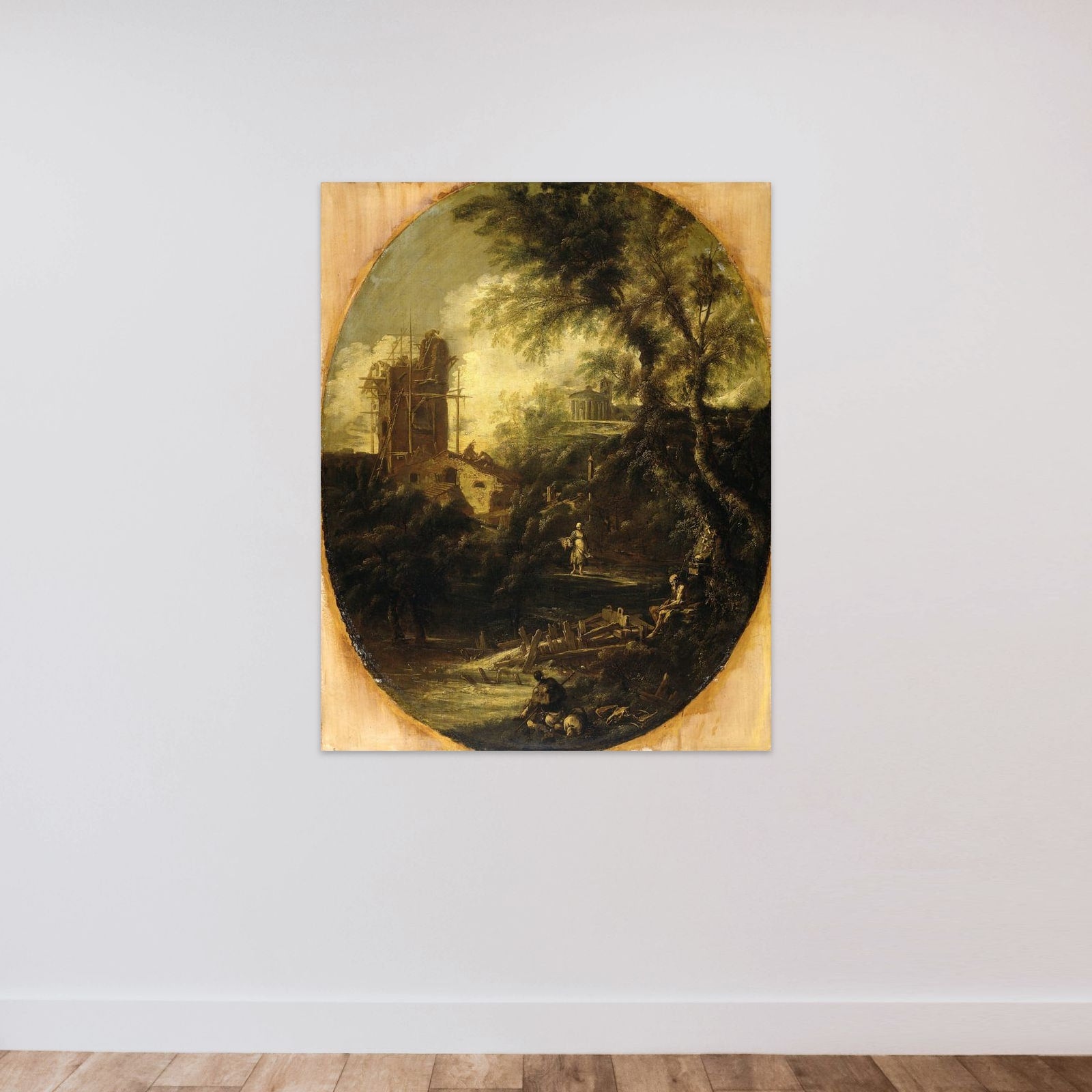 Landscape with Hermit, Pilgrim and Peasant Woman unframed — shown to scale
