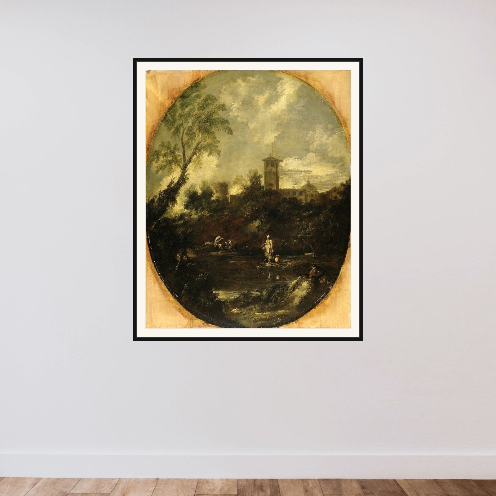 Landscape with Monks, Pilgrim and Peasant Woman framed — shown to scale