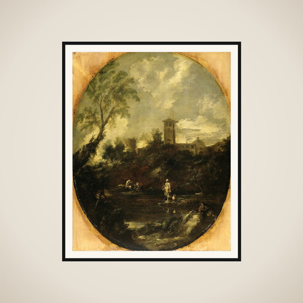 Landscape with Monks, Pilgrim and Peasant Woman framed