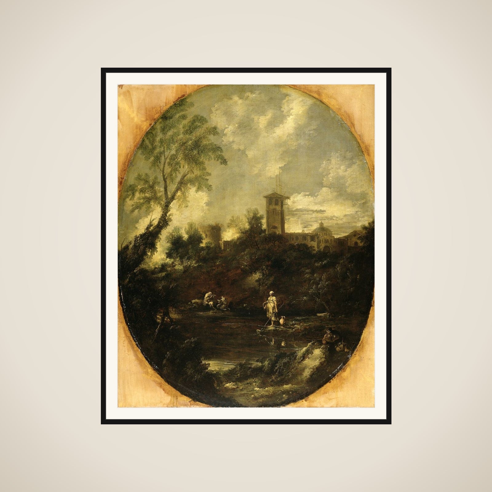 Landscape with Monks, Pilgrim and Peasant Woman framed