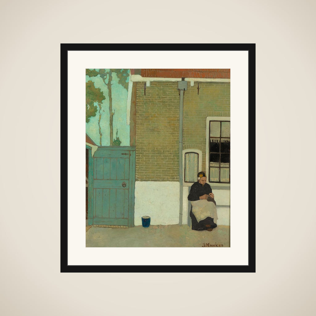 Vrouw voor haar huis framed