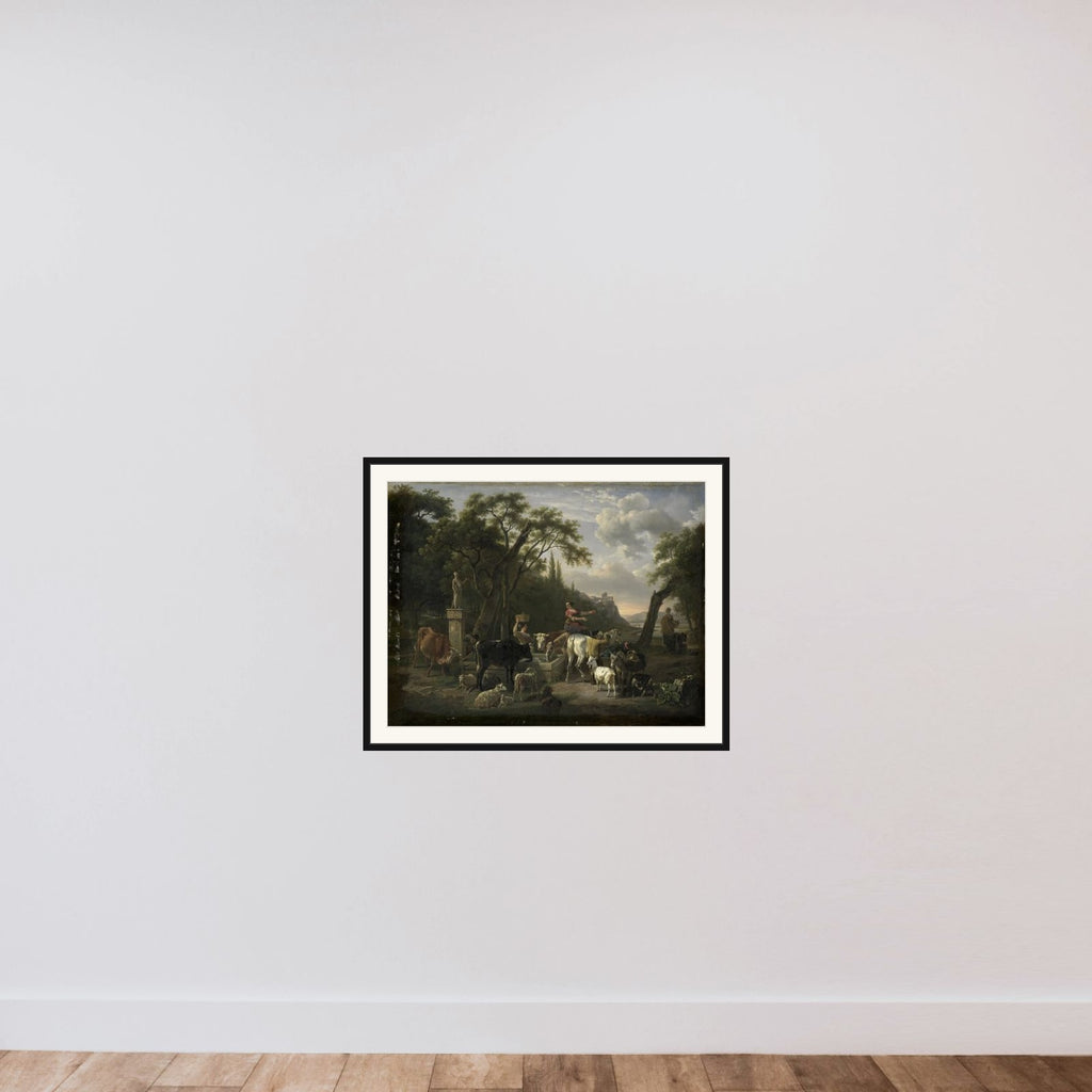 Italian Landscape with Shepherds and Animals at a Fountain framed — shown to scale