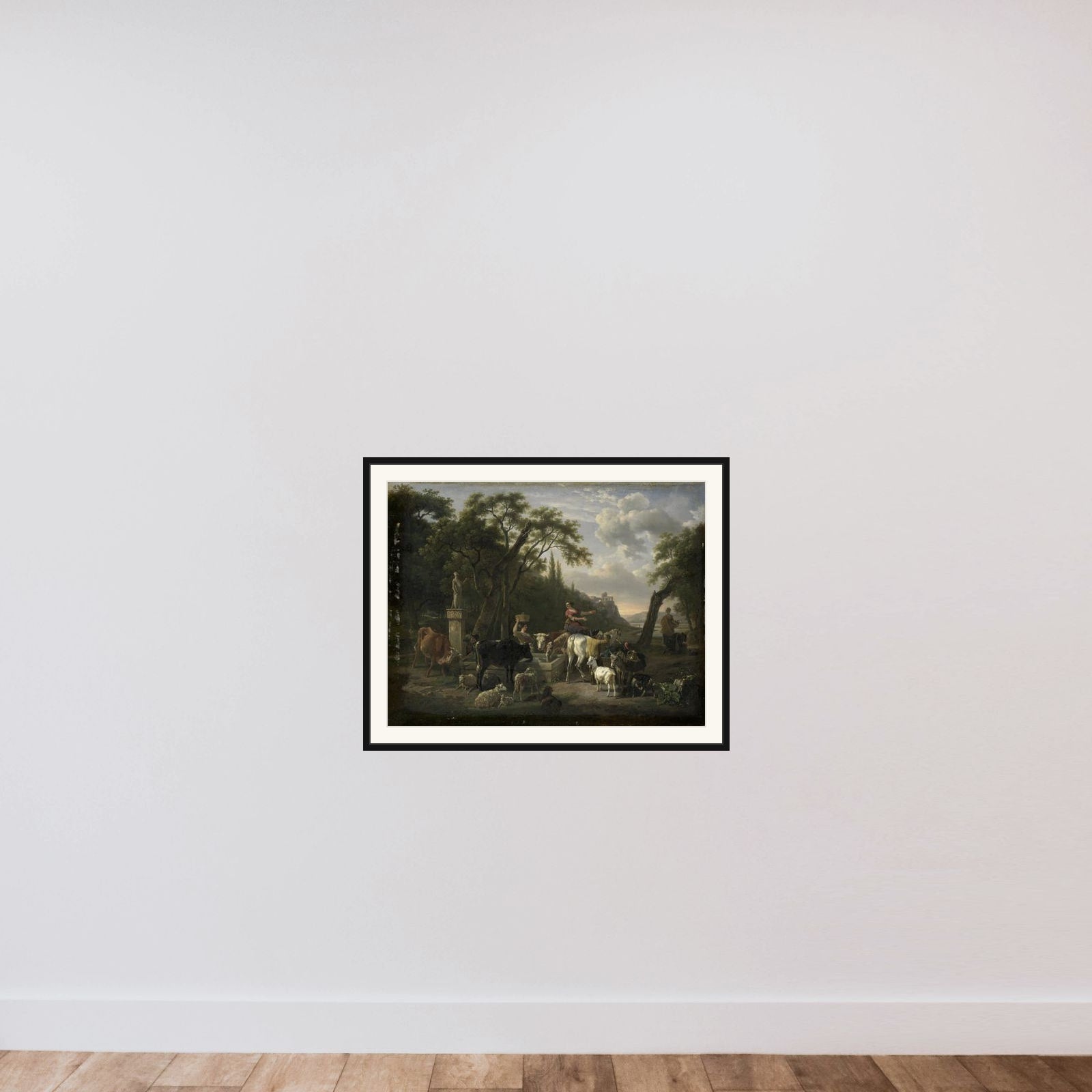 Italian Landscape with Shepherds and Animals at a Fountain framed — shown to scale