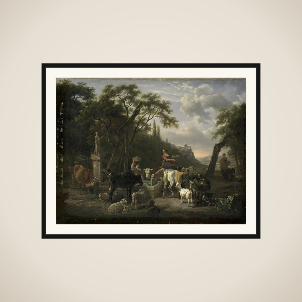 Italian Landscape with Shepherds and Animals at a Fountain framed