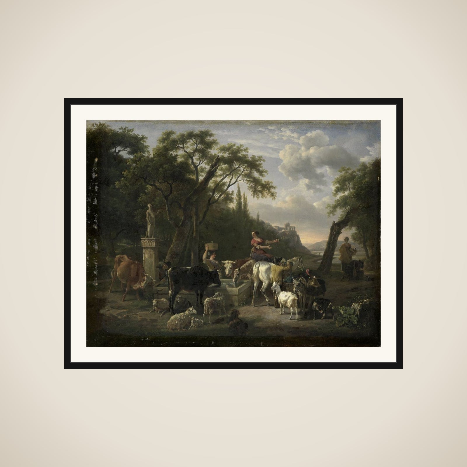 Italian Landscape with Shepherds and Animals at a Fountain framed