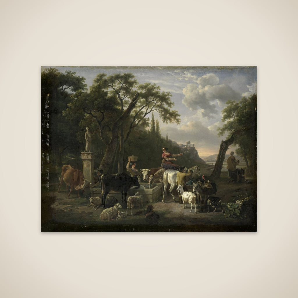 Italian Landscape with Shepherds and Animals at a Fountain unframed print