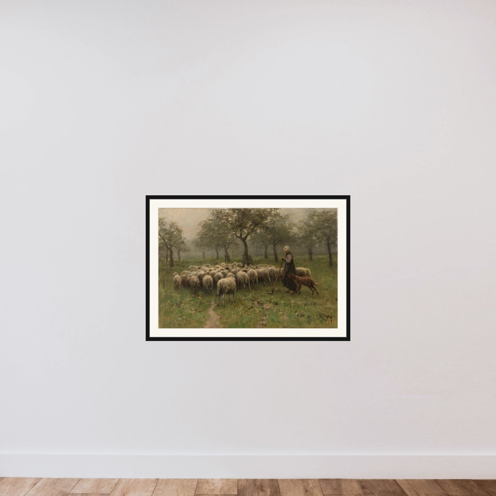 Shepherdess with a Flock of Sheep framed — shown to scale