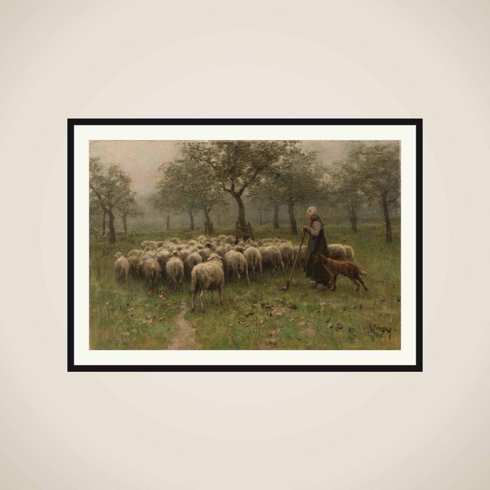 Shepherdess with a Flock of Sheep framed