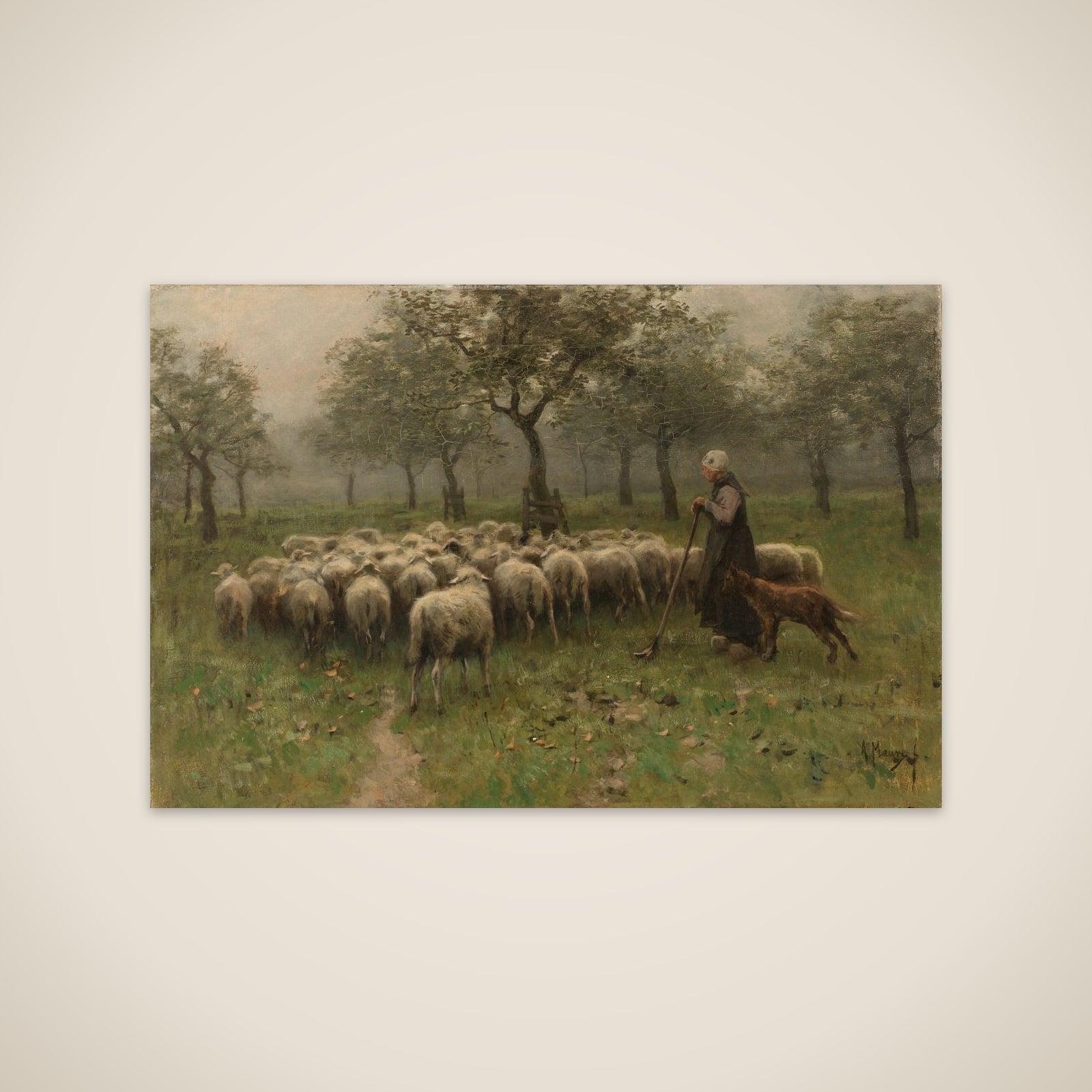 Shepherdess with a Flock of Sheep unframed print