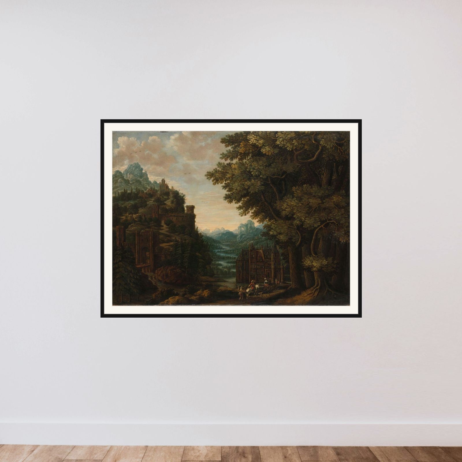 Mountainous Landscape with River Valley and Castles framed — shown to scale