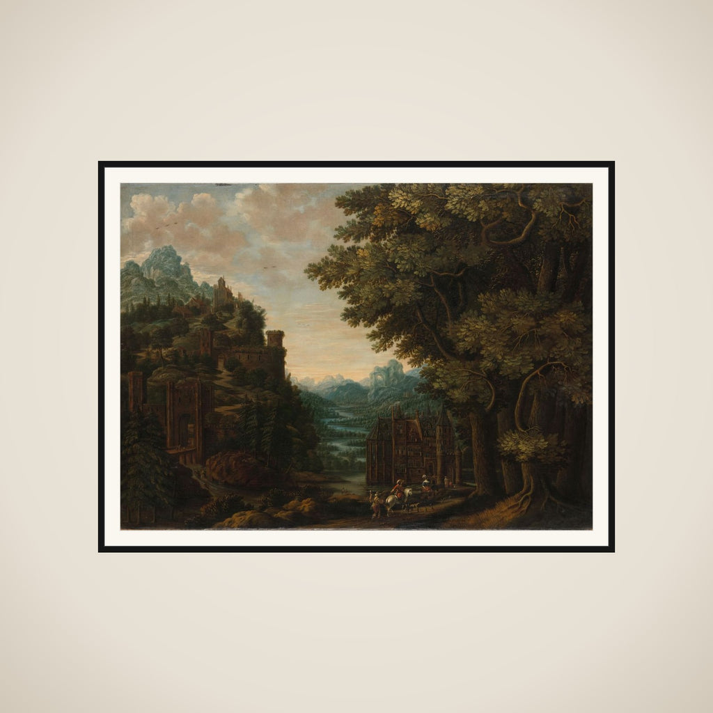 Mountainous Landscape with River Valley and Castles framed