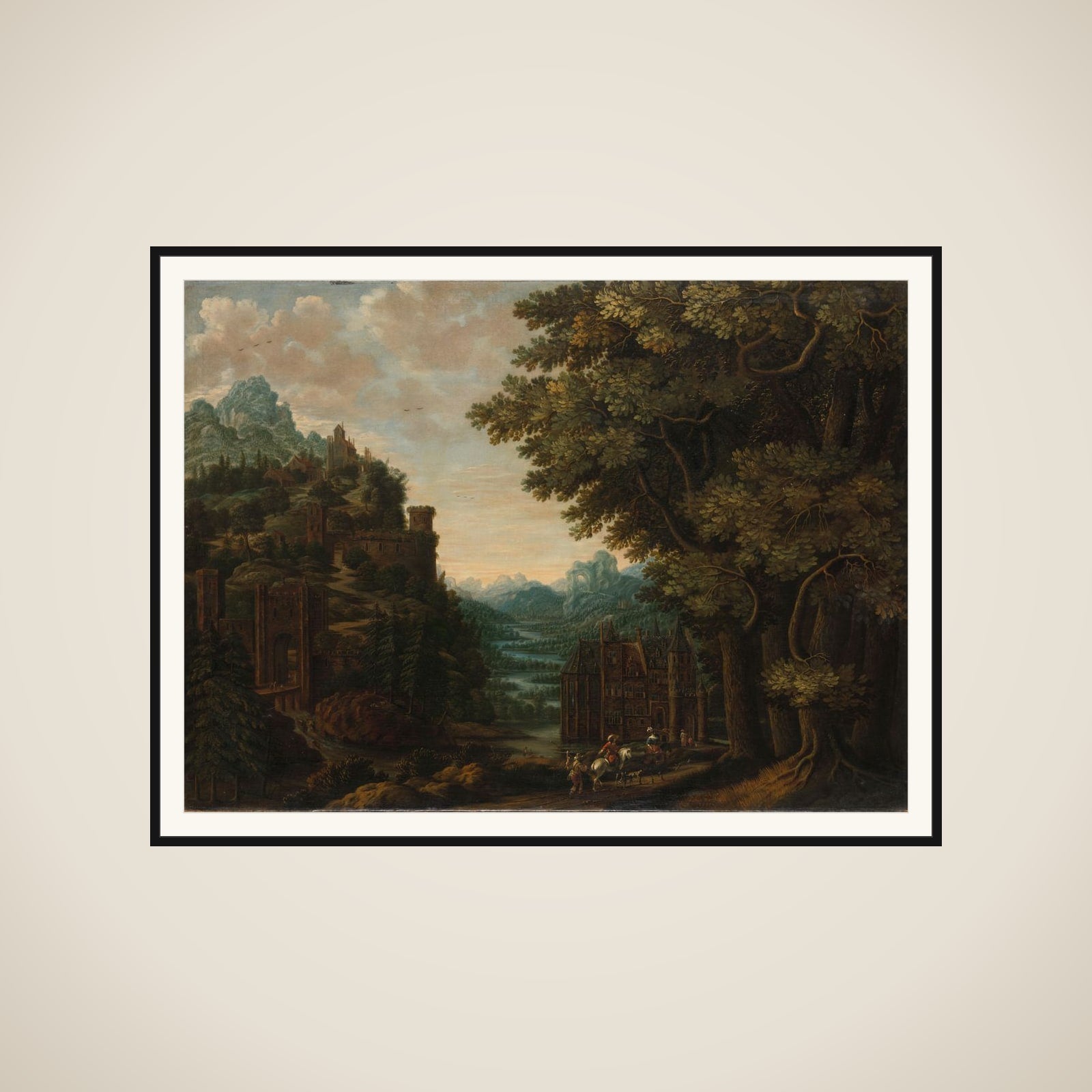 Mountainous Landscape with River Valley and Castles framed