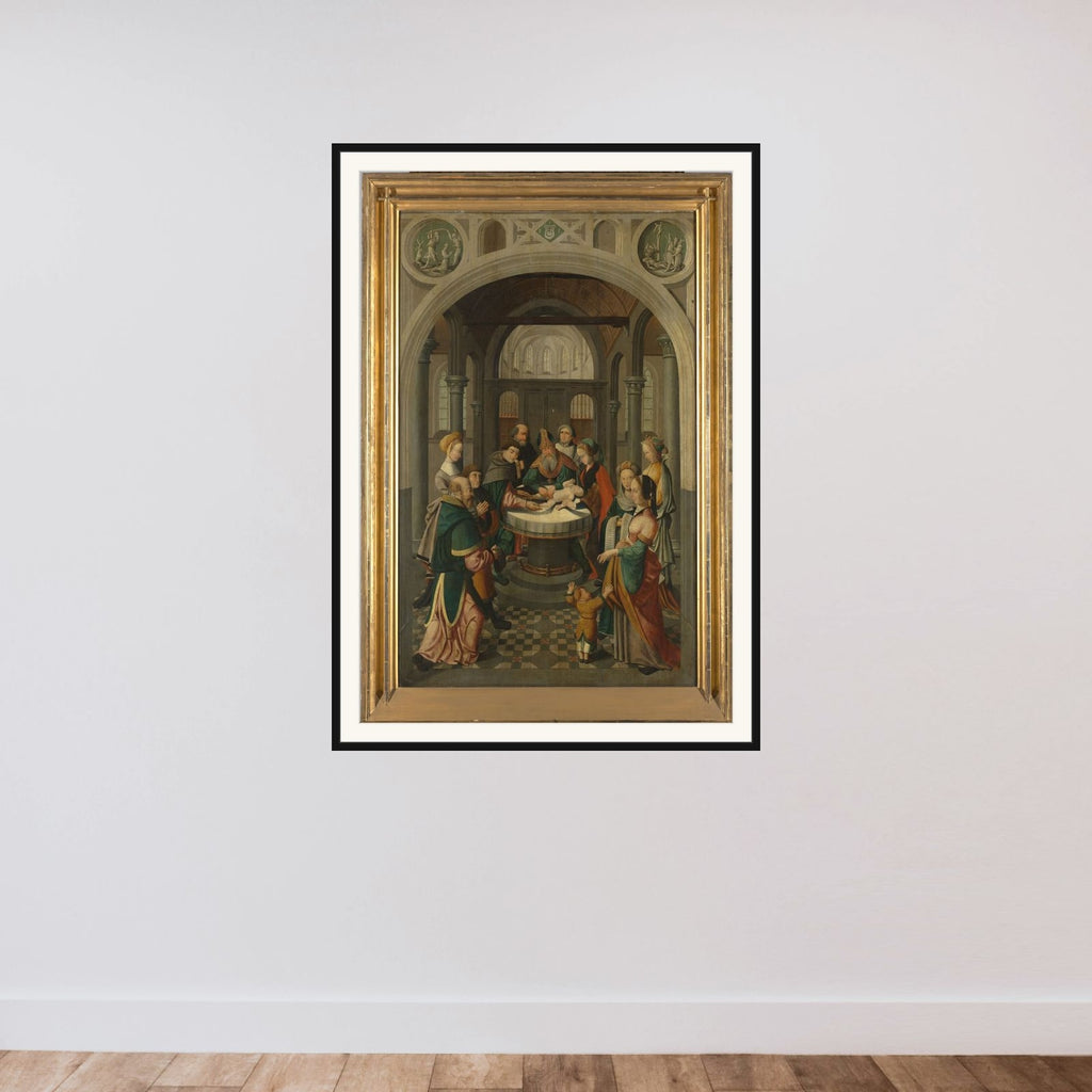 Panel of an Altarpiece with Circumcision of Christ, on verso is Resurrection of Christ framed — shown to scale