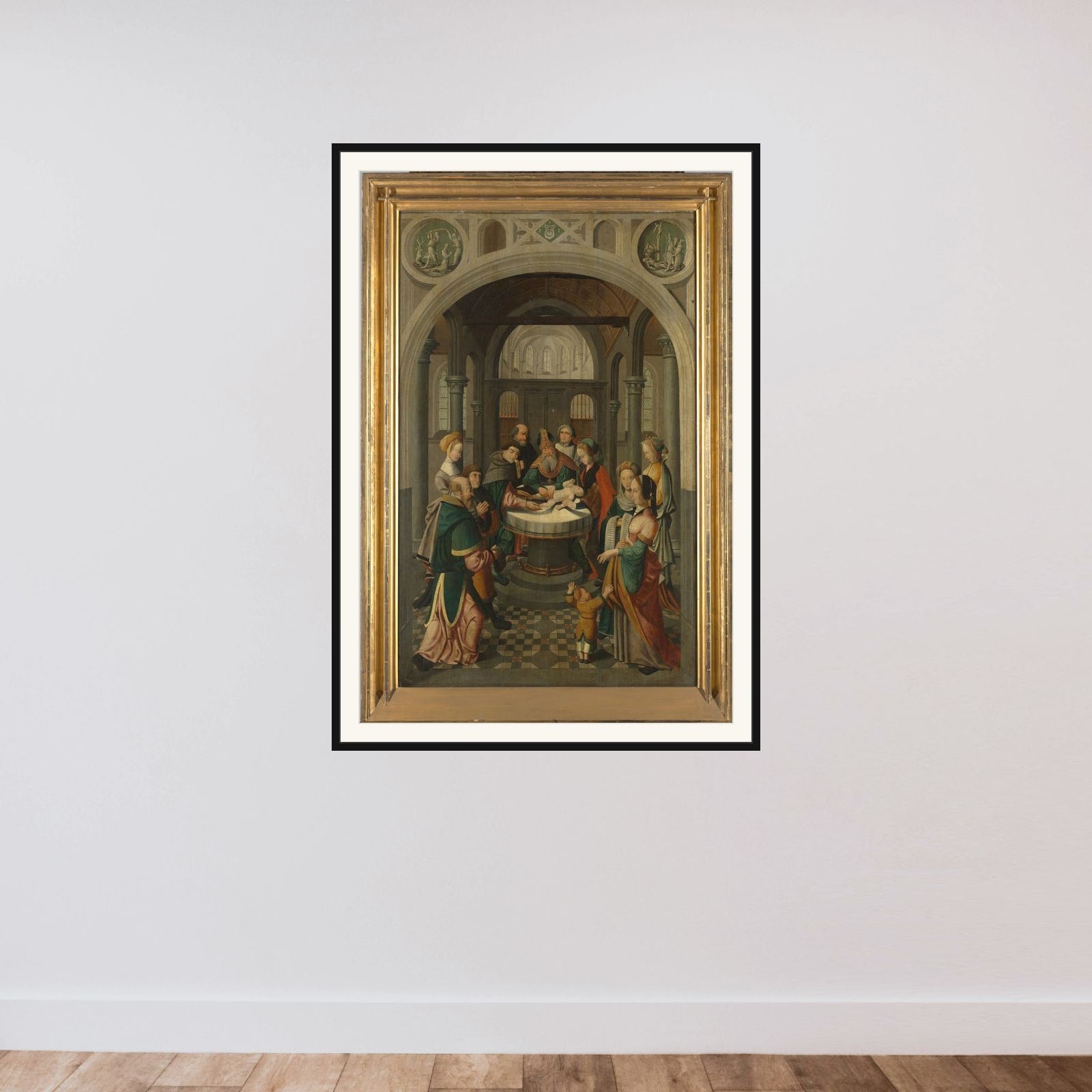 Panel of an Altarpiece with Circumcision of Christ, on verso is Resurrection of Christ framed — shown to scale