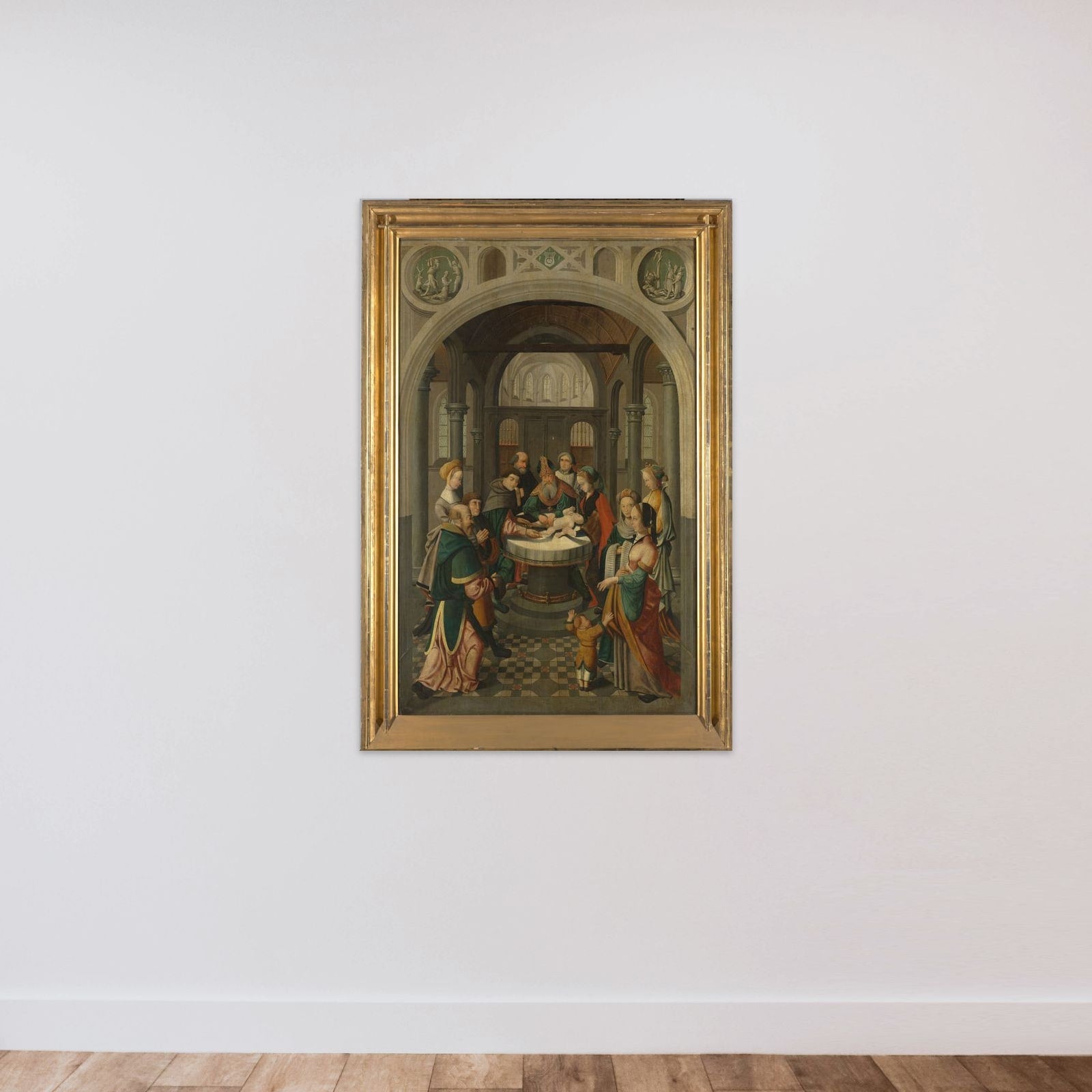 Panel of an Altarpiece with Circumcision of Christ, on verso is Resurrection of Christ unframed — shown to scale