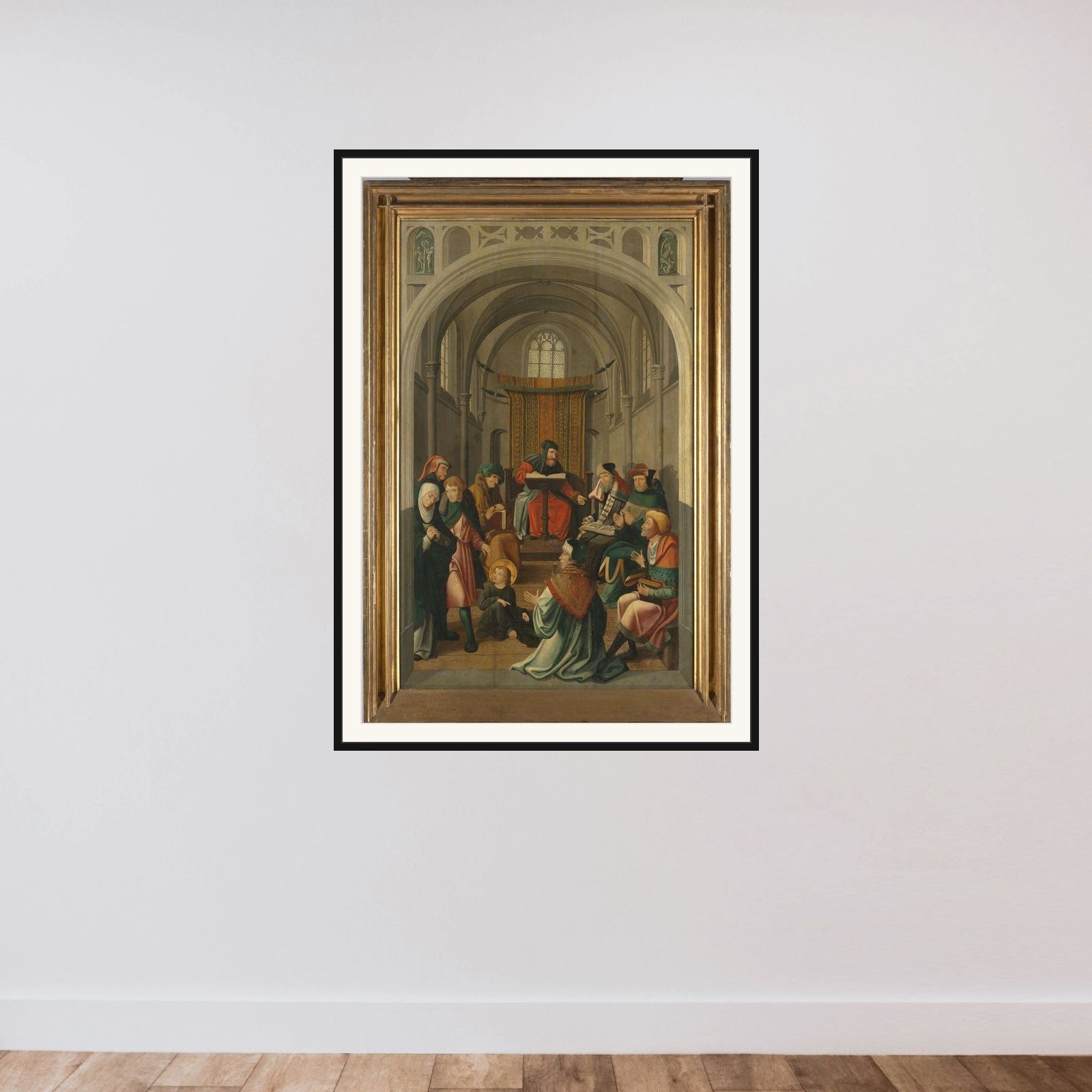 Panel of an Altarpiece with Dispute with the Doctors, on verso is Appearance of Christ to his Mother framed — shown to scale