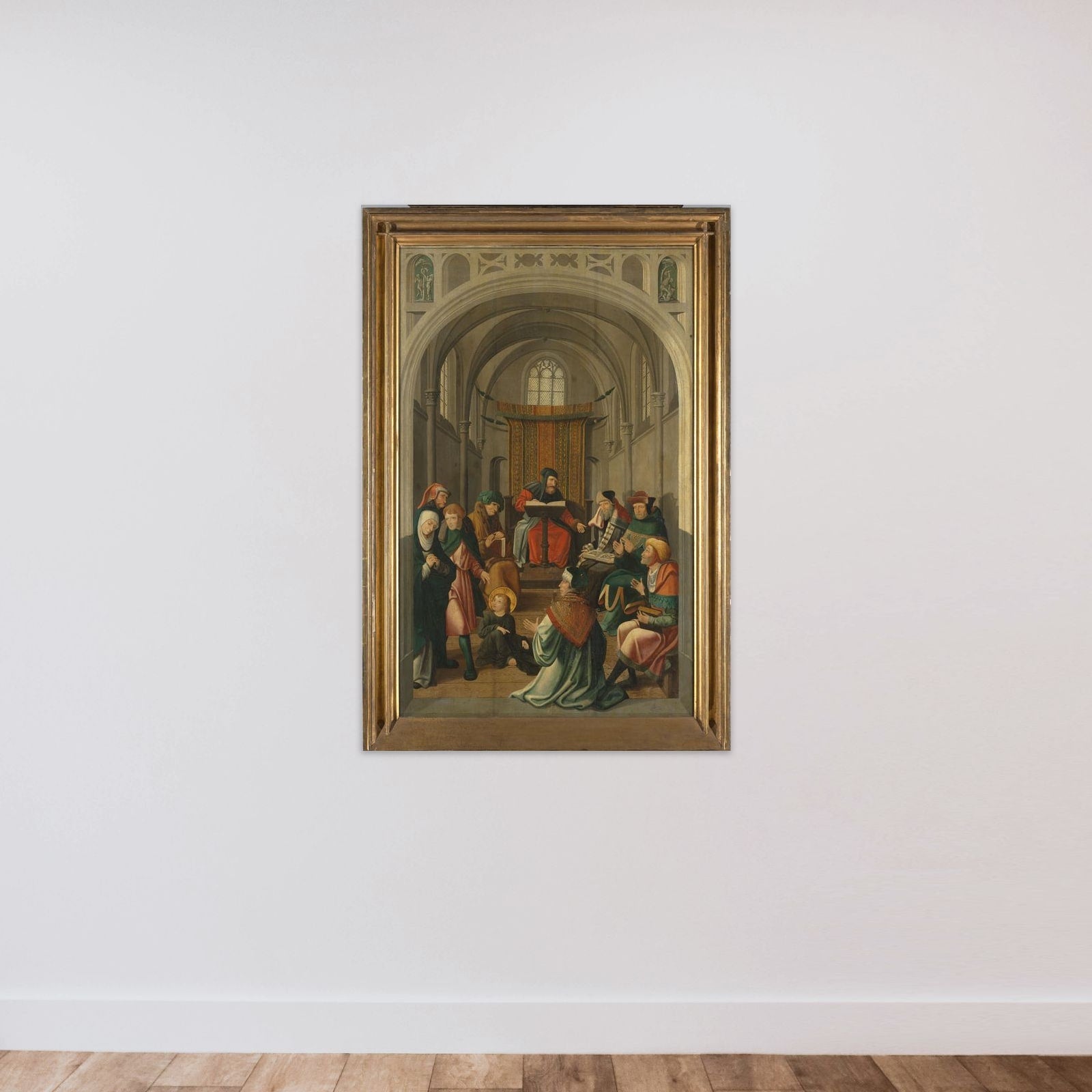 Panel of an Altarpiece with Dispute with the Doctors, on verso is Appearance of Christ to his Mother unframed — shown to scale