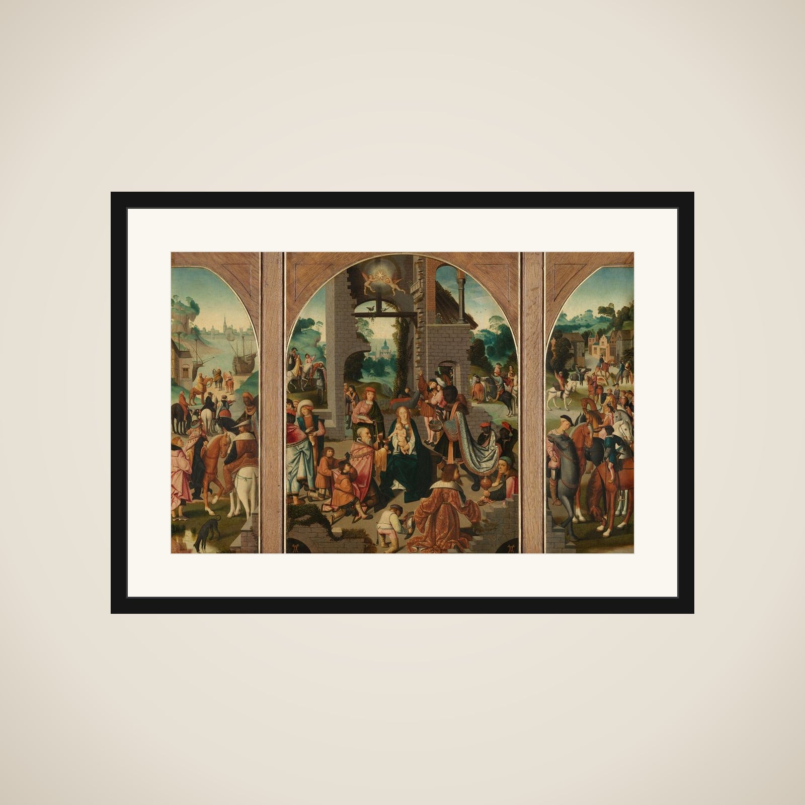 Triptych with Adoration of the Magi (center and inner wings), Saint Antony Abbot (left, outer wing) and Saint Adrian (right, outer wing) framed