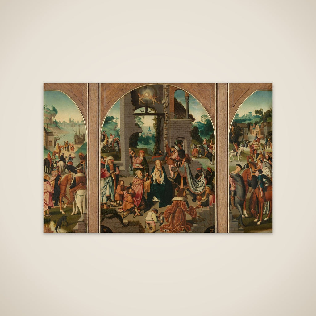 Triptych with Adoration of the Magi (center and inner wings), Saint Antony Abbot (left, outer wing) and Saint Adrian (right, outer wing) unframed print