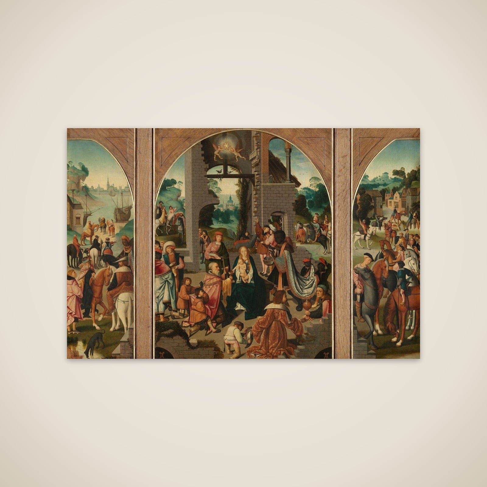 Triptych with Adoration of the Magi (center and inner wings), Saint Antony Abbot (left, outer wing) and Saint Adrian (right, outer wing) unframed print
