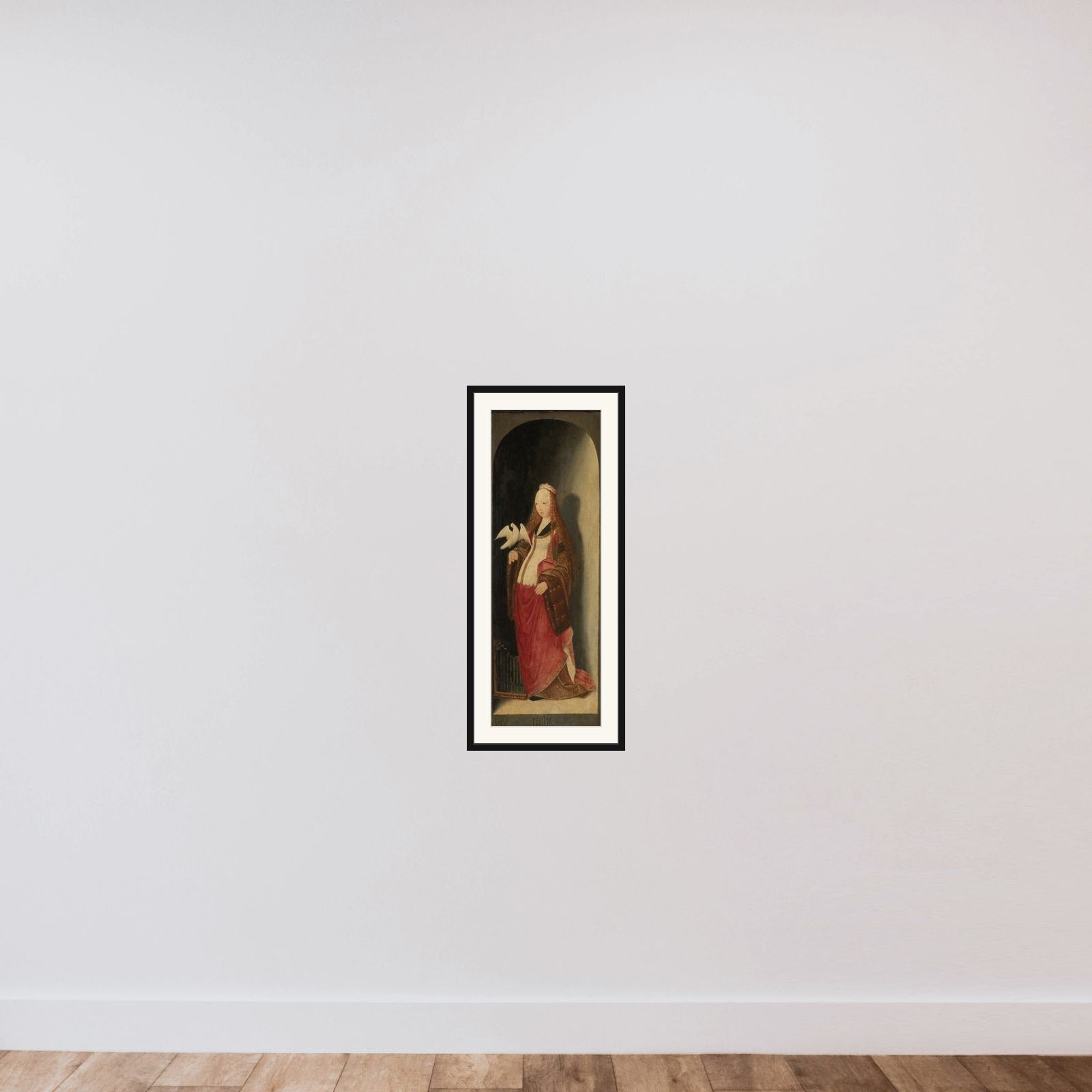 Saint Cecilia, right wing of a triptych framed — shown to scale