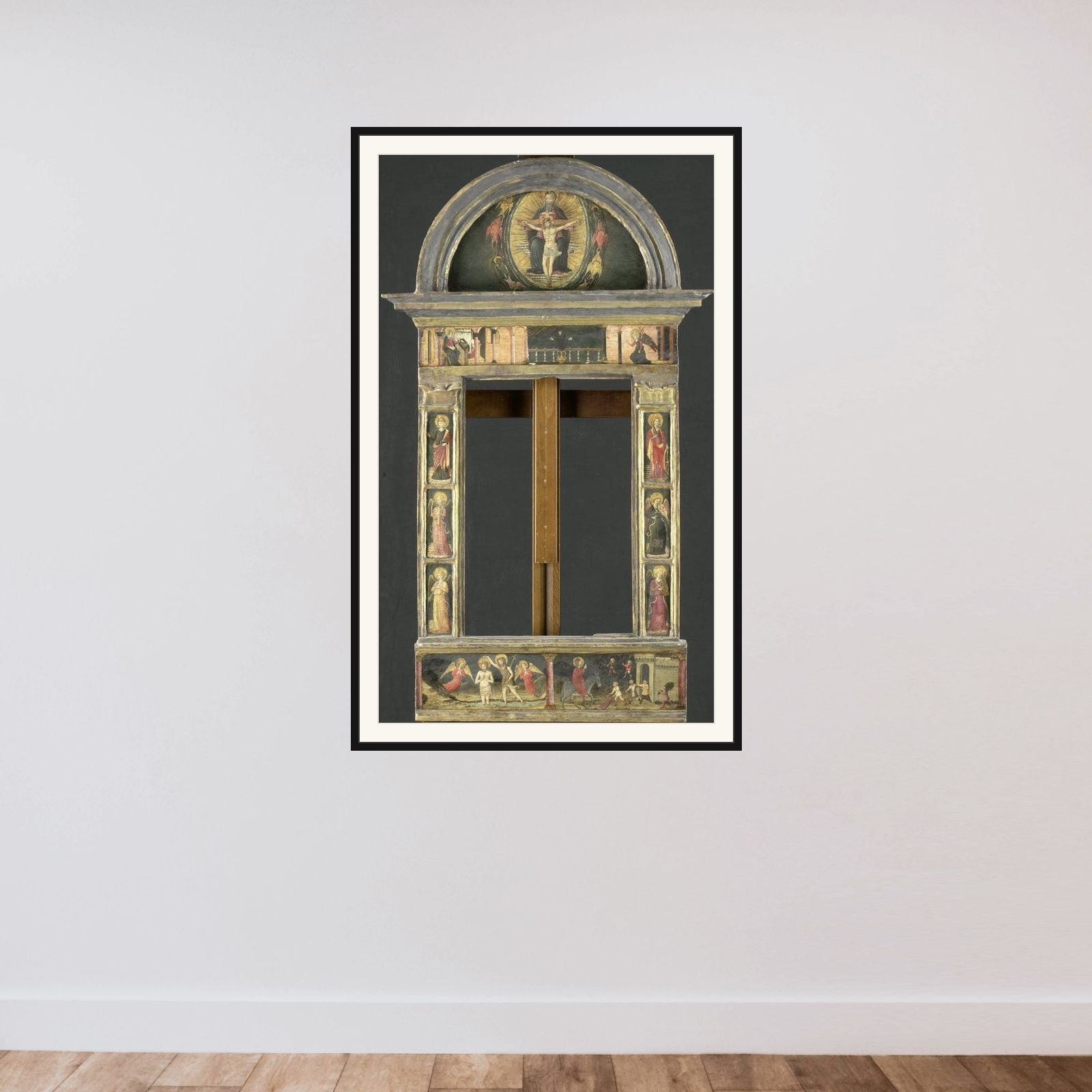 Frame depicting the Annunciation, Baptism of Christ, Entry into Jerusalem, Saints Cecilia and Catherine of Alexandria, Trinity (Gnadenstuhl, Mercy Seat), and four Music-making Angels framed — shown to scale