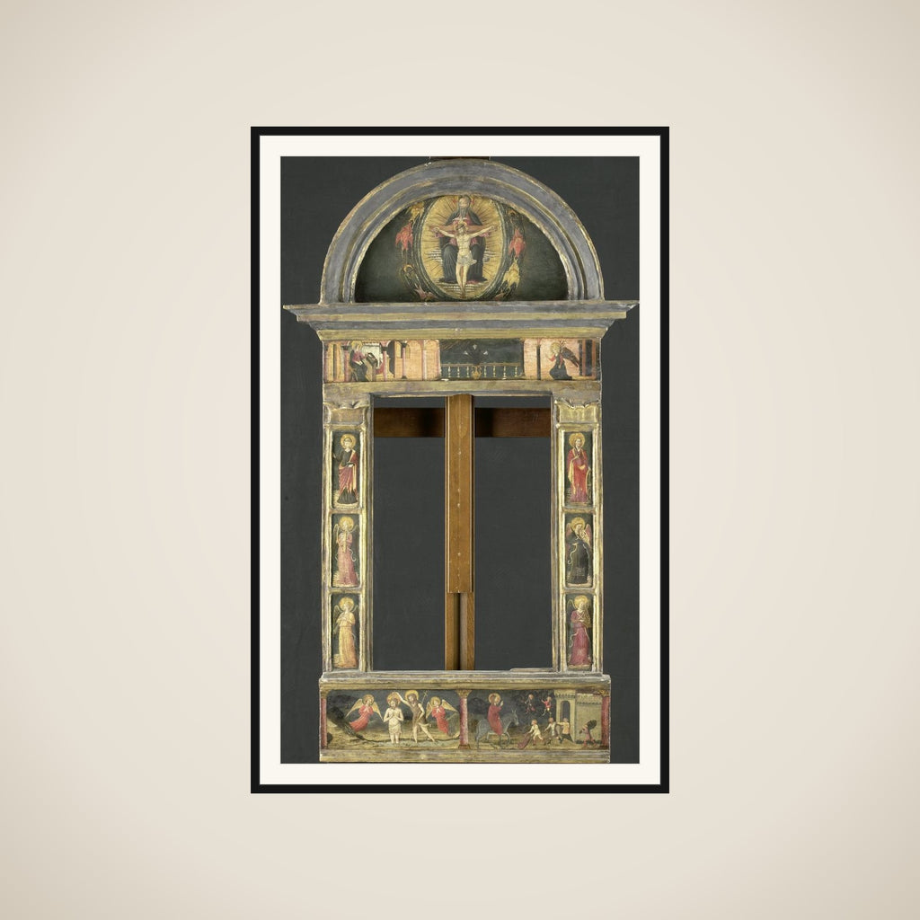 Frame depicting the Annunciation, Baptism of Christ, Entry into Jerusalem, Saints Cecilia and Catherine of Alexandria, Trinity (Gnadenstuhl, Mercy Seat), and four Music-making Angels framed