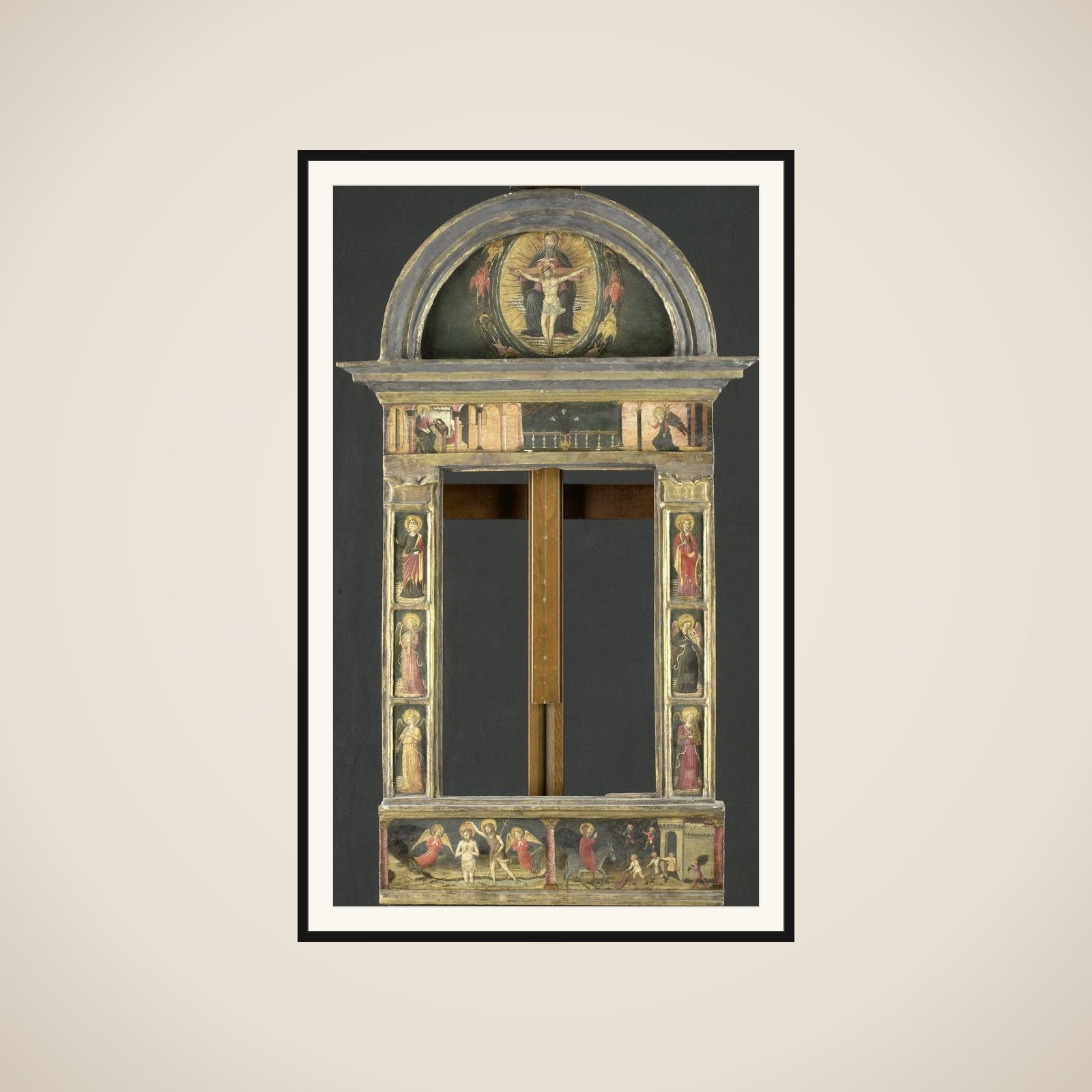 Frame depicting the Annunciation, Baptism of Christ, Entry into Jerusalem, Saints Cecilia and Catherine of Alexandria, Trinity (Gnadenstuhl, Mercy Seat), and four Music-making Angels framed