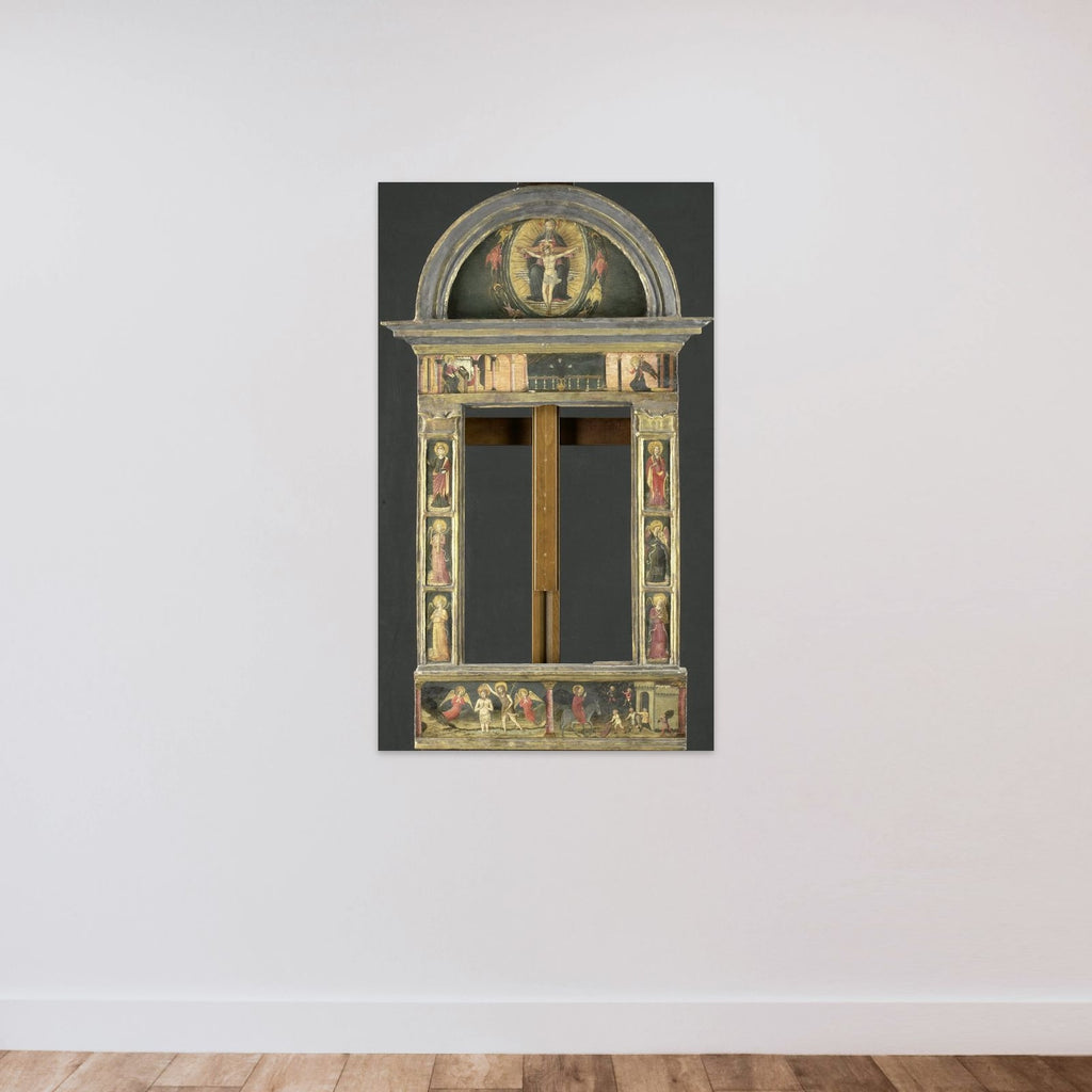 Frame depicting the Annunciation, Baptism of Christ, Entry into Jerusalem, Saints Cecilia and Catherine of Alexandria, Trinity (Gnadenstuhl, Mercy Seat), and four Music-making Angels unframed — shown to scale