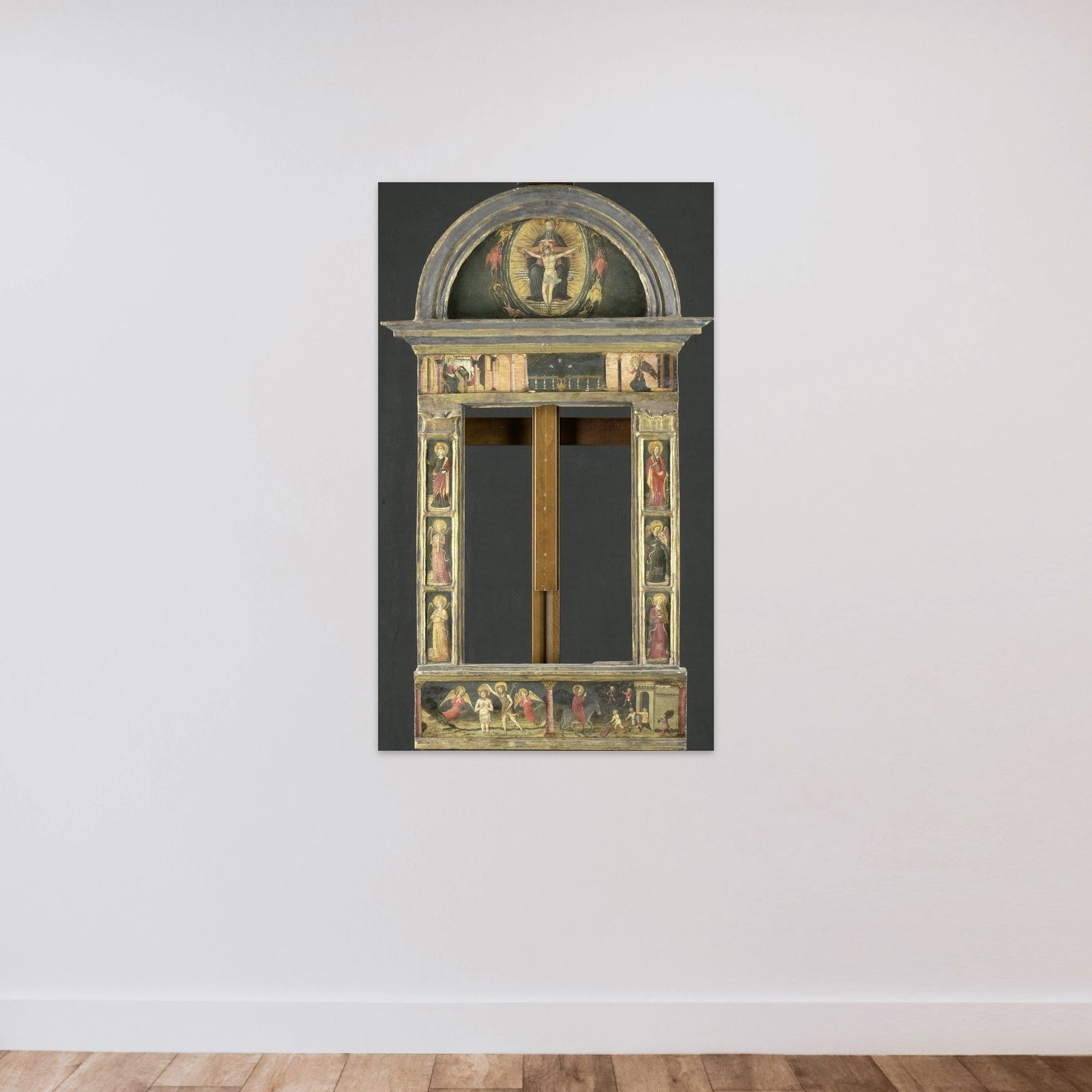 Frame depicting the Annunciation, Baptism of Christ, Entry into Jerusalem, Saints Cecilia and Catherine of Alexandria, Trinity (Gnadenstuhl, Mercy Seat), and four Music-making Angels unframed — shown to scale