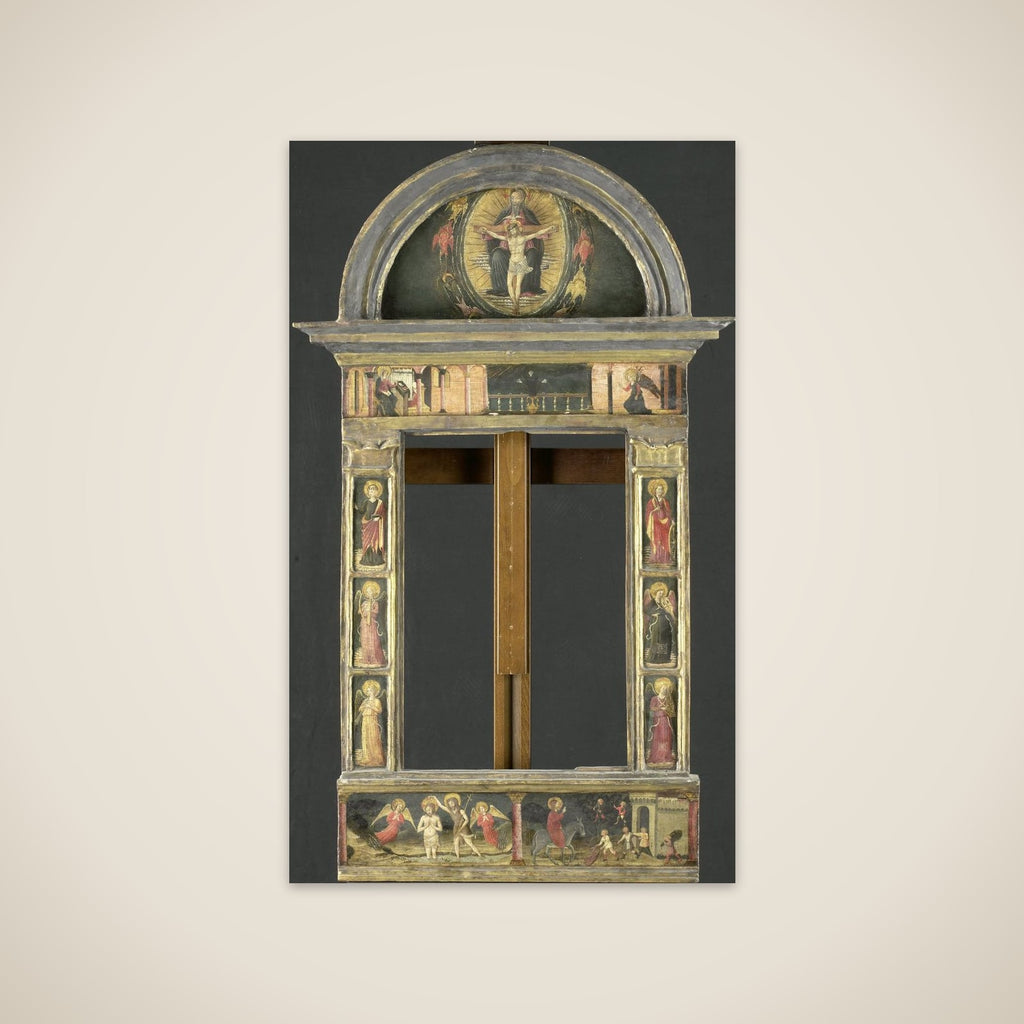 Frame depicting the Annunciation, Baptism of Christ, Entry into Jerusalem, Saints Cecilia and Catherine of Alexandria, Trinity (Gnadenstuhl, Mercy Seat), and four Music-making Angels unframed print