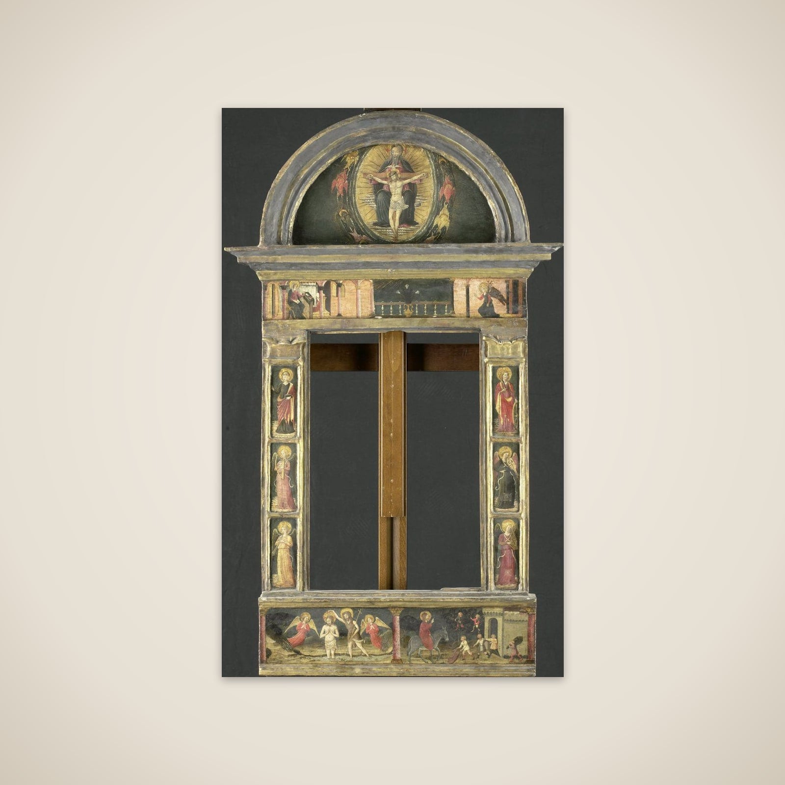 Frame depicting the Annunciation, Baptism of Christ, Entry into Jerusalem, Saints Cecilia and Catherine of Alexandria, Trinity (Gnadenstuhl, Mercy Seat), and four Music-making Angels unframed print