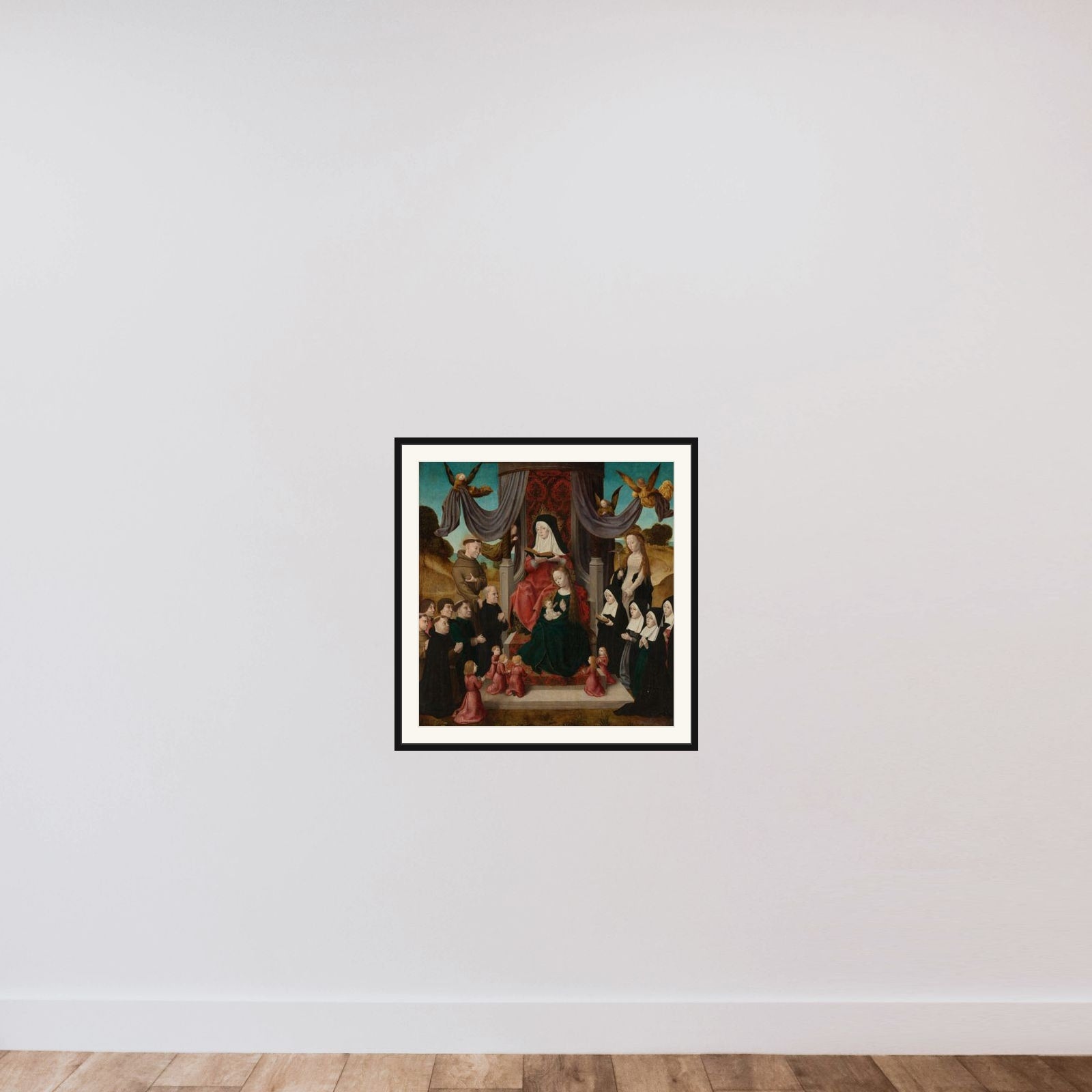 Virgin and Child with Saint Anne and Saints Francis and Lidwina, with Donors (Anna Selbdritt) framed — shown to scale
