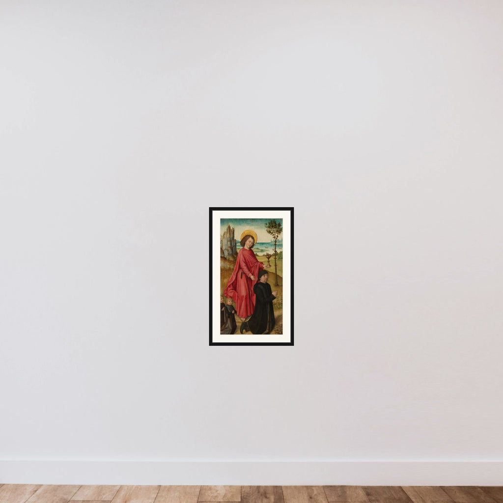 A Donor and his two Sons with Saint John the Evangelist, inner left wing of a triptych framed — shown to scale