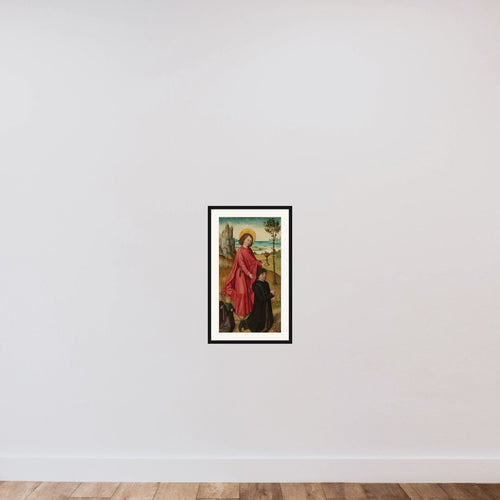 A Donor and his two Sons with Saint John the Evangelist, inner left wing of a triptych framed — shown to scale