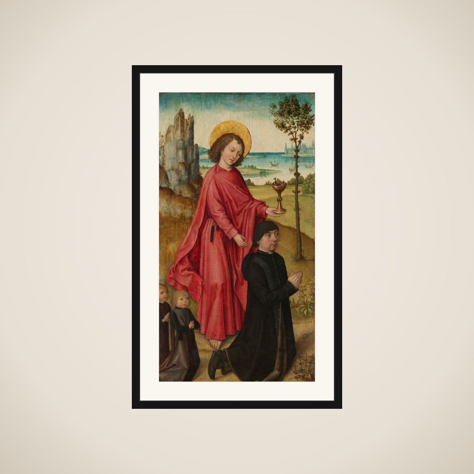 A Donor and his two Sons with Saint John the Evangelist, inner left wing of a triptych framed