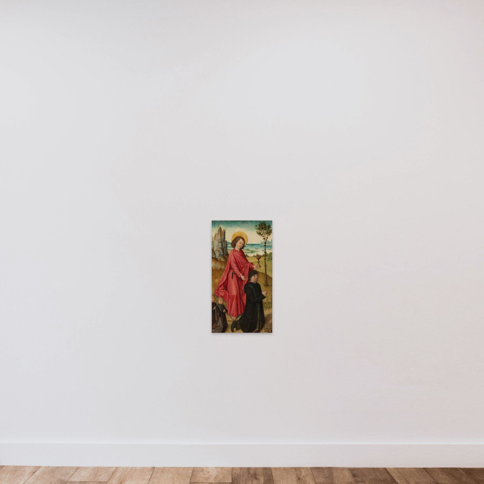 A Donor and his two Sons with Saint John the Evangelist, inner left wing of a triptych unframed — shown to scale