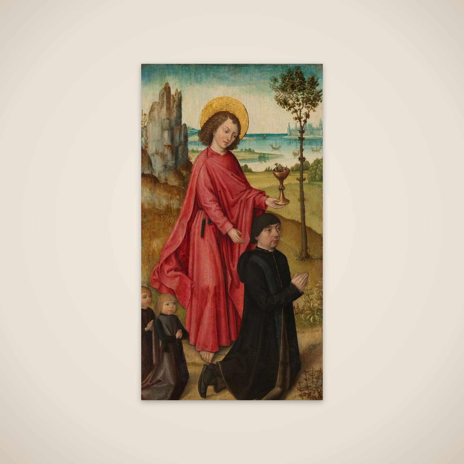 A Donor and his two Sons with Saint John the Evangelist, inner left wing of a triptych unframed print