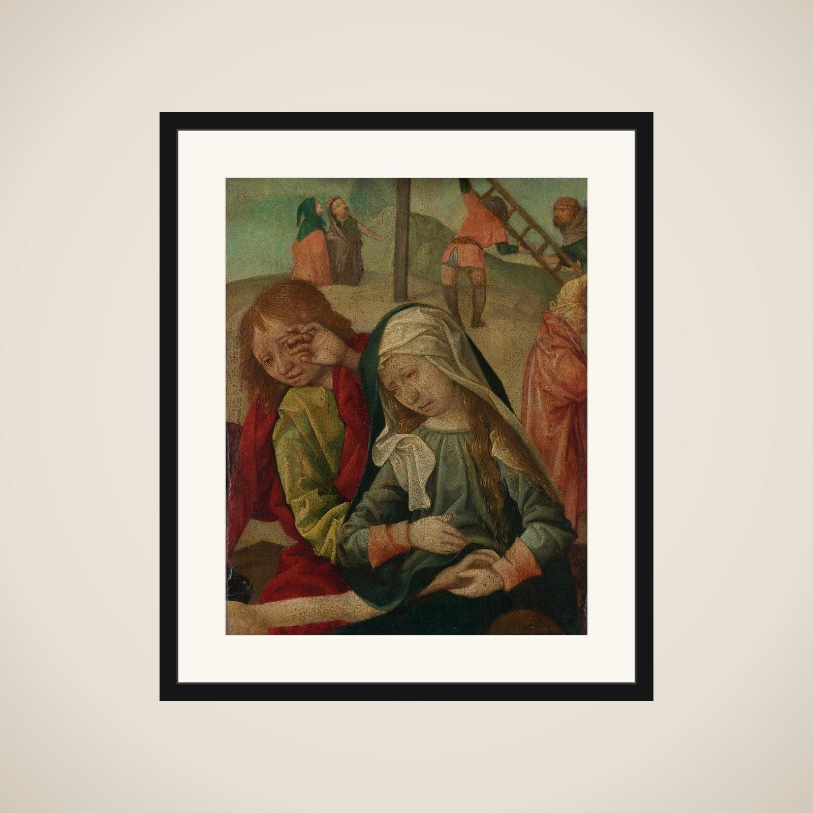 Virgin and Saint John Mourning over the Body of Christ, fragment of a Lamentation of Christ framed